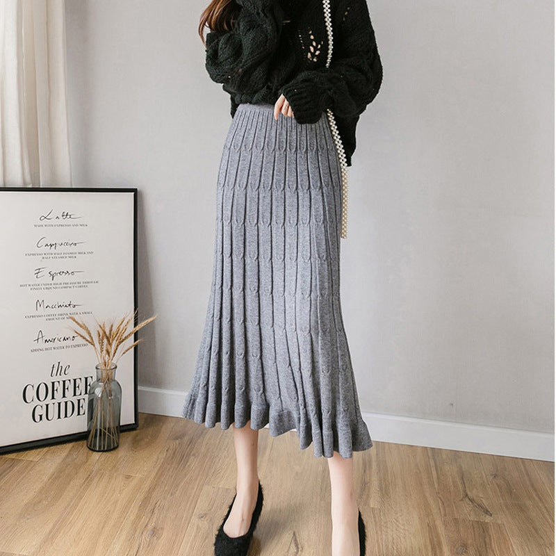 Half-length knitted skirt autumn and winter 200kg wool large size ruffled mid-length striped Joker slim knit A- line skirt