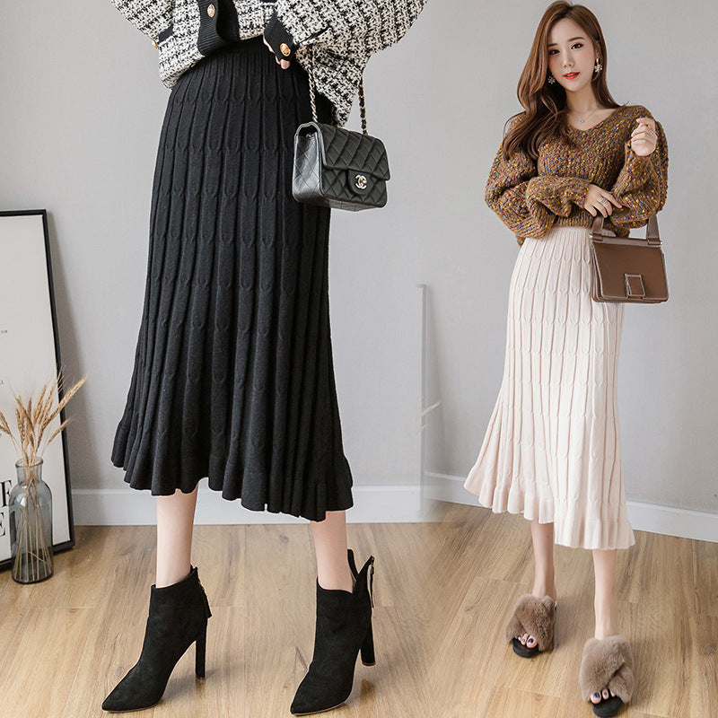 Half-length knitted skirt autumn and winter 200kg wool large size ruffled mid-length striped Joker slim knit A- line skirt