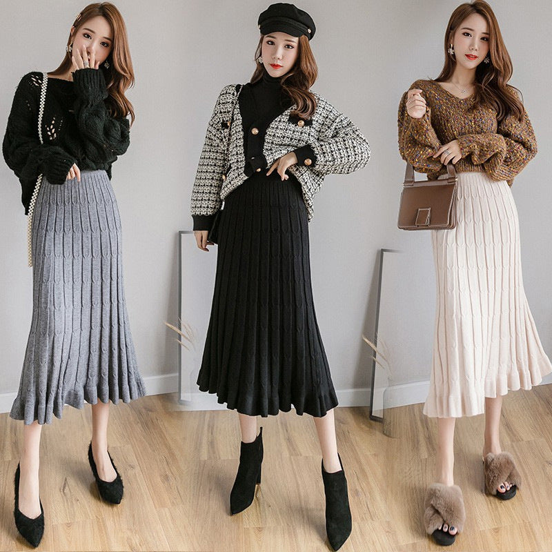 Half-length knitted skirt autumn and winter 200kg wool large size ruffled mid-length striped Joker slim knit A- line skirt