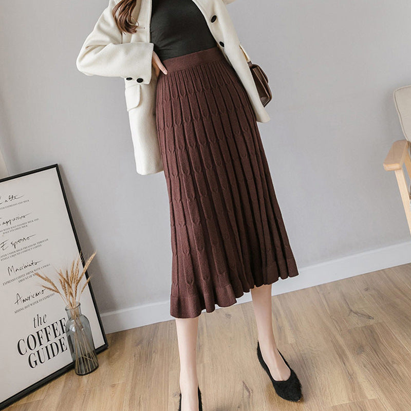 Half-length knitted skirt autumn and winter 200kg wool large size ruffled mid-length striped Joker slim knit A- line skirt