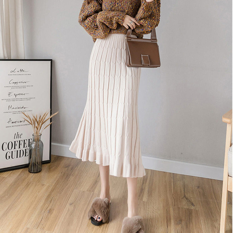Half-length knitted skirt autumn and winter 200kg wool large size ruffled mid-length striped Joker slim knit A- line skirt