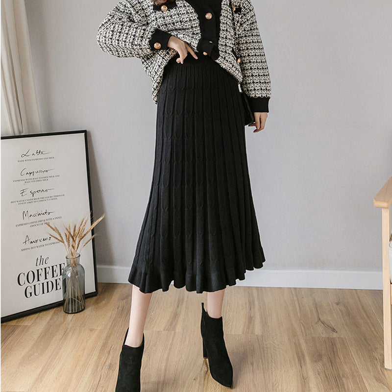 Half-length knitted skirt autumn and winter 200kg wool large size ruffled mid-length striped Joker slim knit A- line skirt