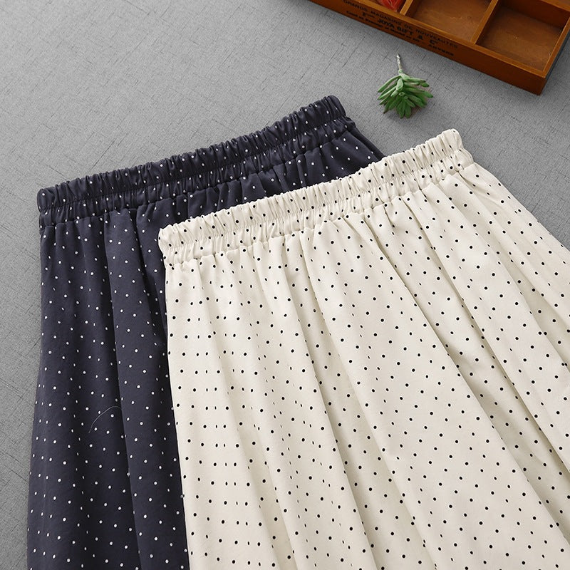 Vintage Polka Dot Cotton Linen Skirt for Women, Summer New Versatile Slimming Elastic Waist A-Line Midi Skirt