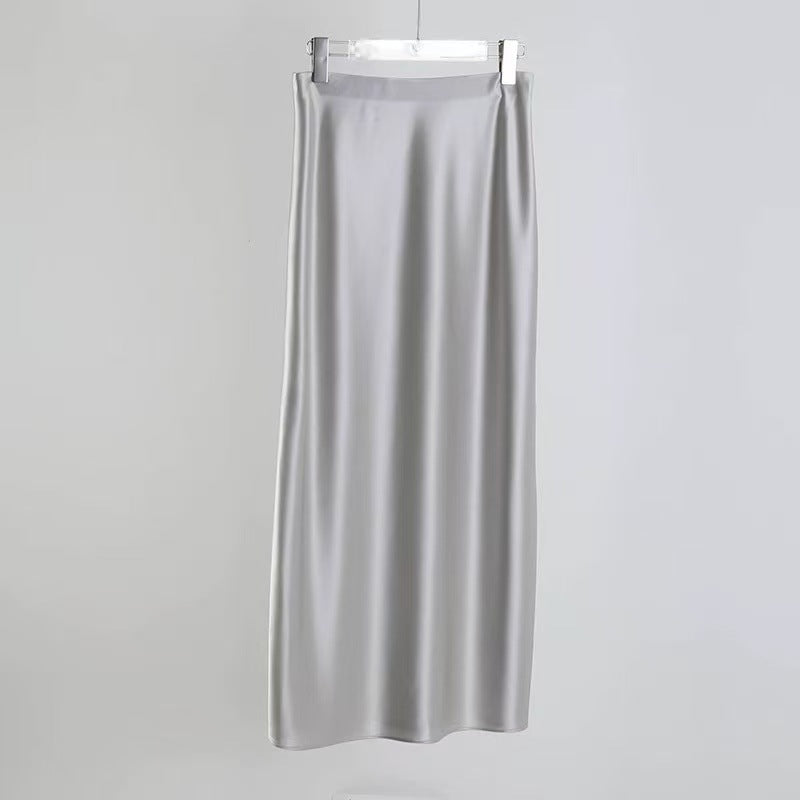 Imported Triacetate Satin 45 ° Bias-Cut Side Slit Extra-Long Floor-Length A-Line Fishtail Elastic Waist Skirt for Women