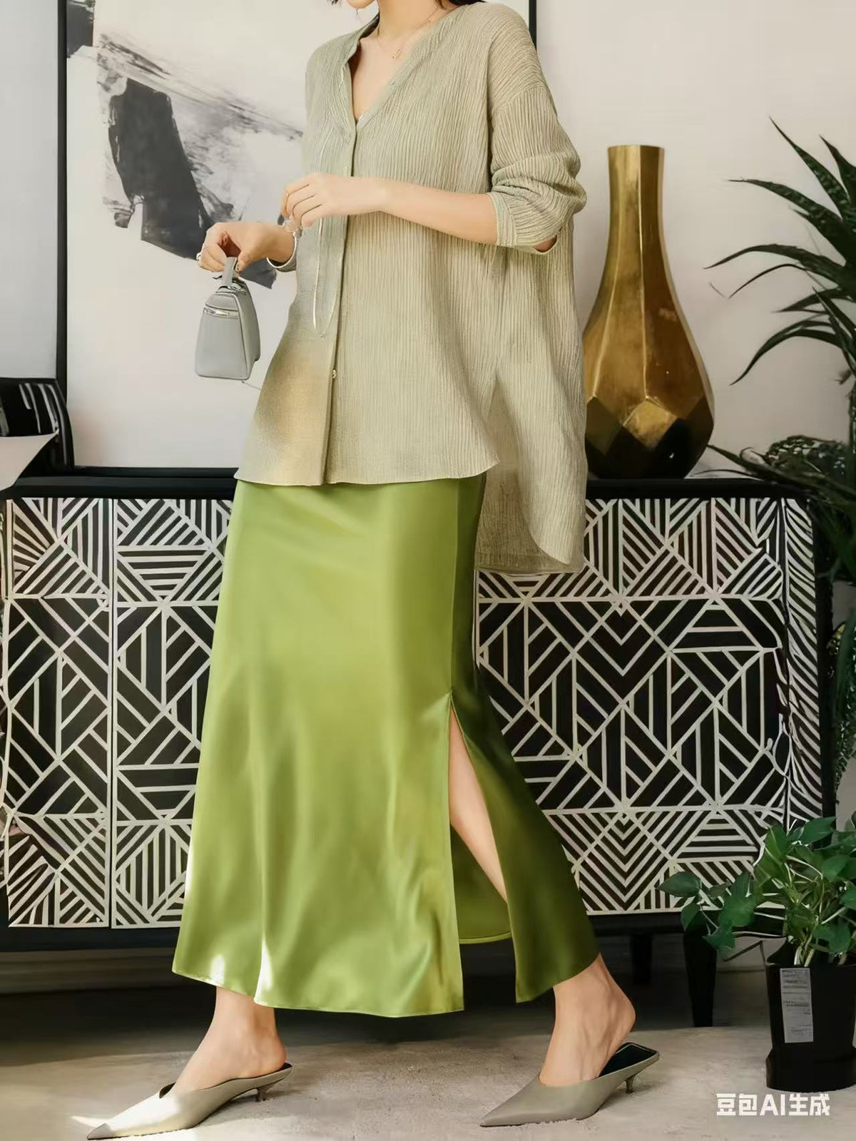 Imported Triacetate Satin 45 ° Bias-Cut Side Slit Extra-Long Floor-Length A-Line Fishtail Elastic Waist Skirt for Women