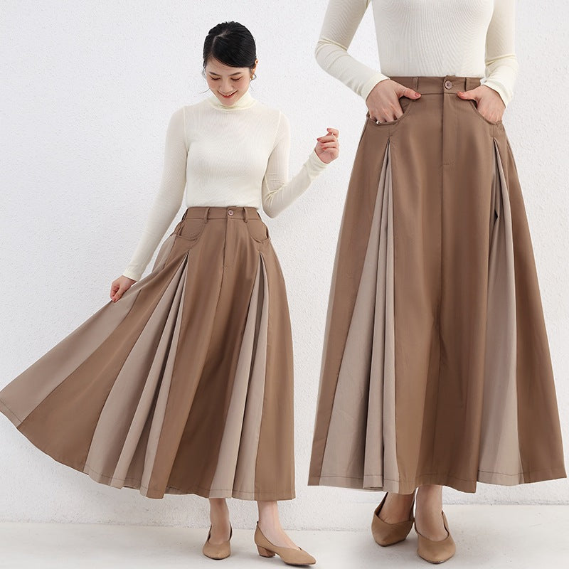 Autumn and Winter New High Waist Artistic Thickened Large Swing Skirt Women's Tight Waist Slimming Elegant Color-matching Knee-length Dress