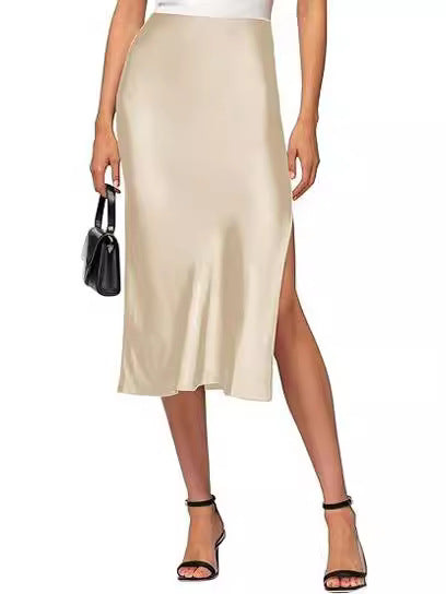 Cross-Border Amazon European and American Style Slit Satin Skirt Elastic High-Waisted Dress Slimming Fashionable Versatile
