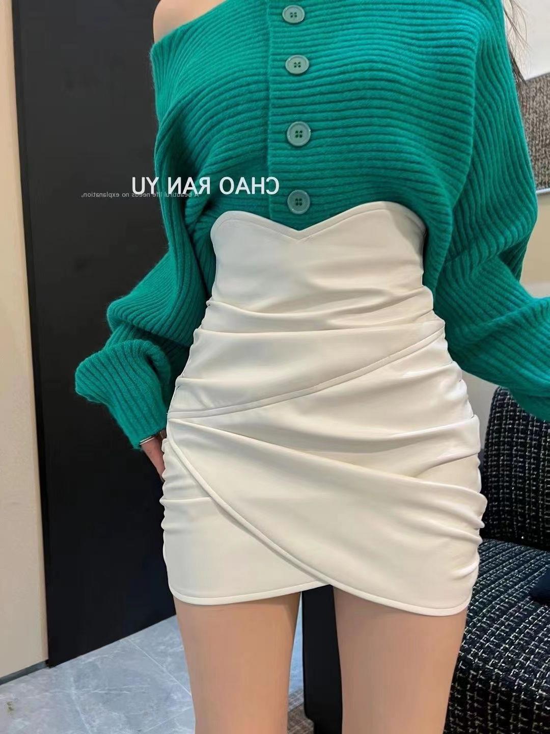 Short Leather Skirt Autumn and Winter New Sexy High Waist Pleated Asymmetrical Design Hip-covering A-line Skirt for Women ins