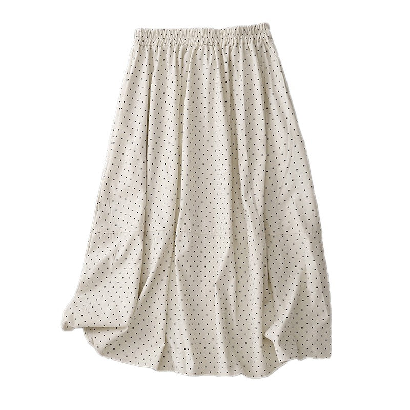 Vintage Polka Dot Cotton Linen Skirt for Women, Summer New Versatile Slimming Elastic Waist A-Line Midi Skirt