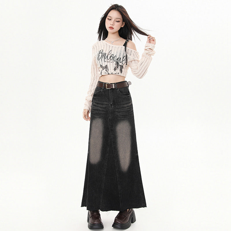 Versatile Fashion Patchwork Back Slit Denim Midi Skirt for Women, New Spring/Summer High-Waisted Vintage Frayed A-Line Skirt~