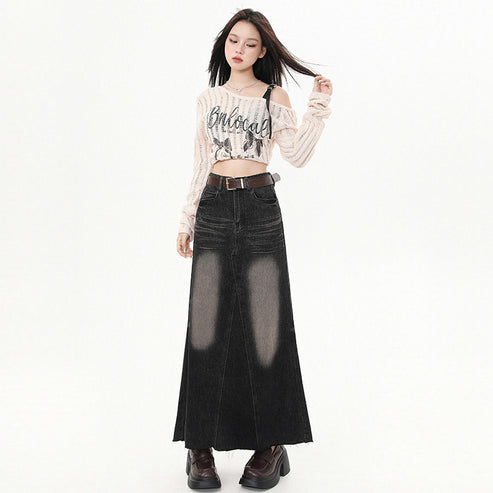 Versatile Fashion Patchwork Back Slit Denim Midi Skirt for Women, New Spring/Summer High-Waisted Vintage Frayed A-Line Skirt~
