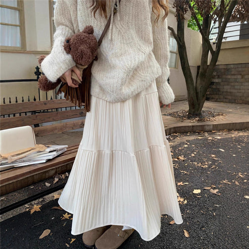 Women's Winter High-Waisted Slimming Mid-Length A-Line Skirt for Petite Figures, Elegant Drape, Pleated Skirt with Large Hem