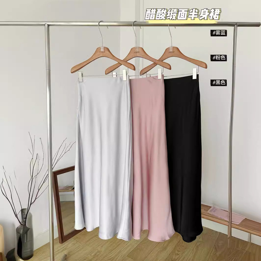 Spring and Summer New Style Relaxed Satin Fishtail Skirt High Waist Elastic Skirt A-Line Long Skirt for Women