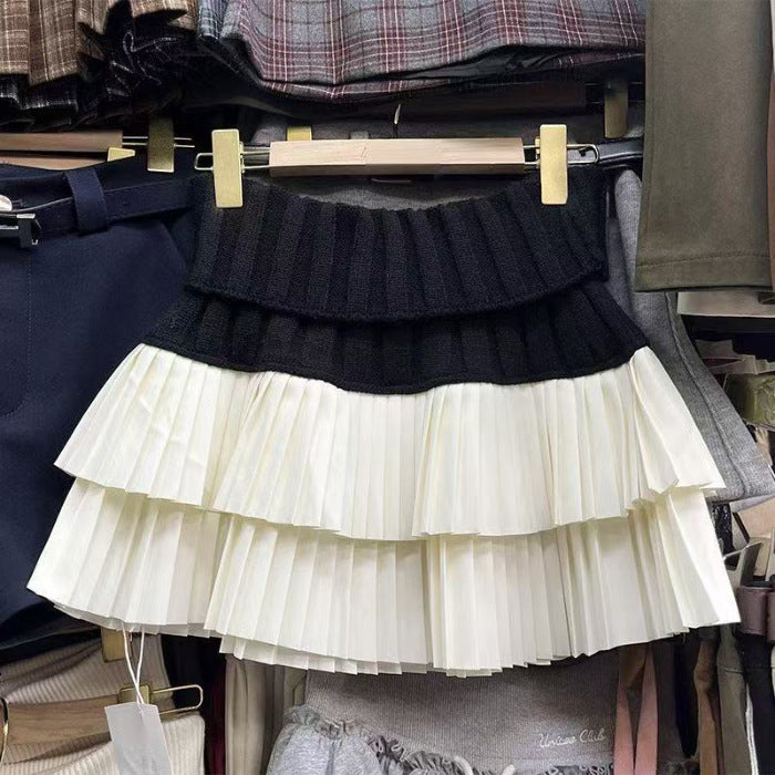 Designed Knitted Splicing Cake Skirt for Women Autumn and Winter New High-Waist Slimming Anti-Exposure Pleated Skirt
