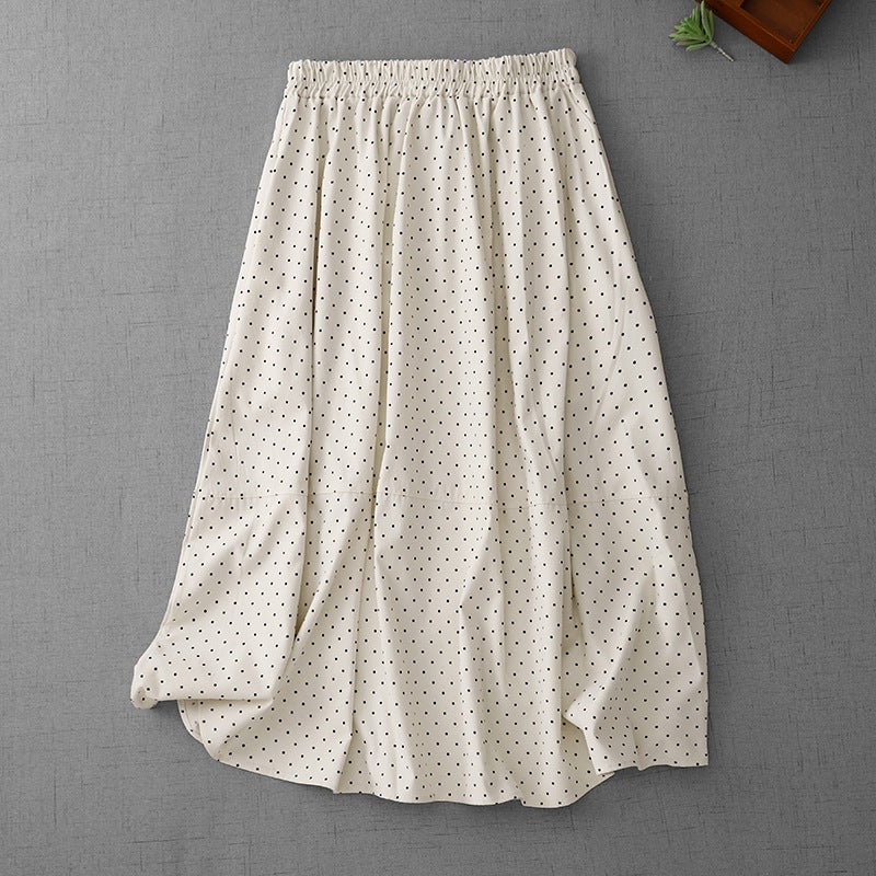 Vintage Polka Dot Cotton Linen Skirt for Women, Summer New Versatile Slimming Elastic Waist A-Line Midi Skirt