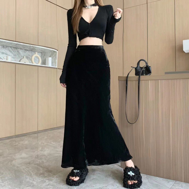 Japanese and Korean Trendyy Velvet Draped Fishtail Skirt Cross-Border Women's Autum New High-Waisted Skirt