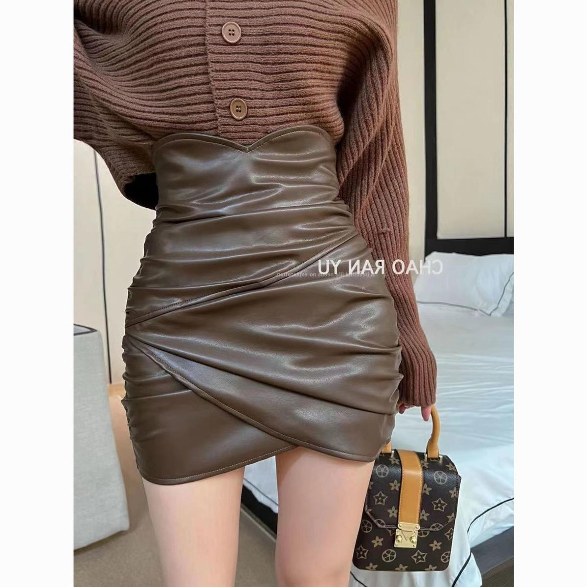 Short Leather Skirt Autumn and Winter New Sexy High Waist Pleated Asymmetrical Design Hip-covering A-line Skirt for Women ins
