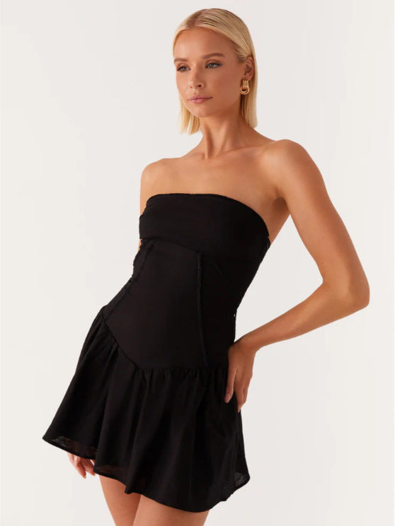 European and American New Amazon Hot Style Women's Pure Color Splicing Sexy and Playful Tube Top Backless Dress Short Skirt