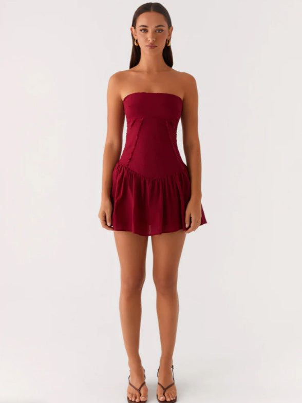 European and American New Amazon Hot Style Women's Pure Color Splicing Sexy and Playful Tube Top Backless Dress Short Skirt