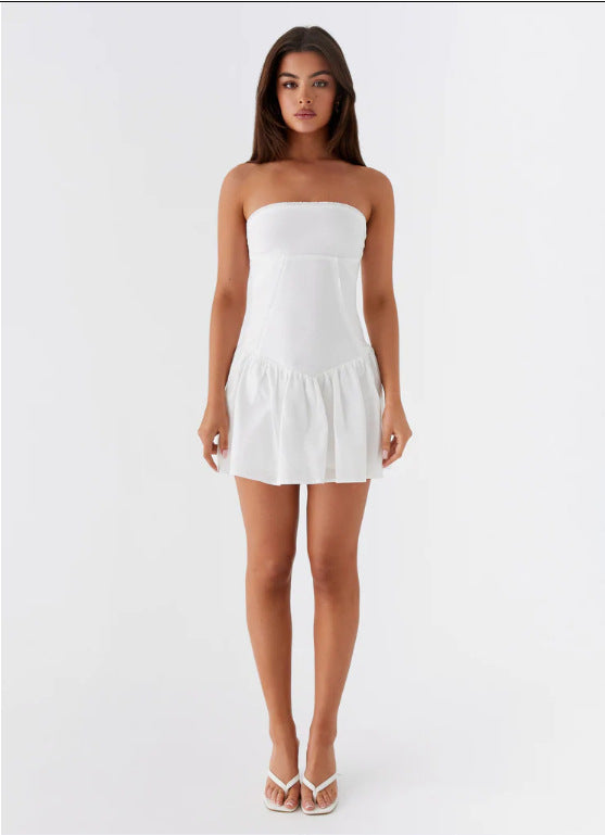 European and American New Amazon Hot Style Women's Pure Color Splicing Sexy and Playful Tube Top Backless Dress Short Skirt