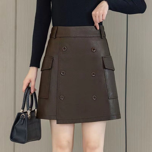 New Autumn and Winter Leather Skirt, Women's Buttoned High-Waist Slimming Look A-Line Skirt, Winter Sweater, Hip-Hugging Short Skirt
