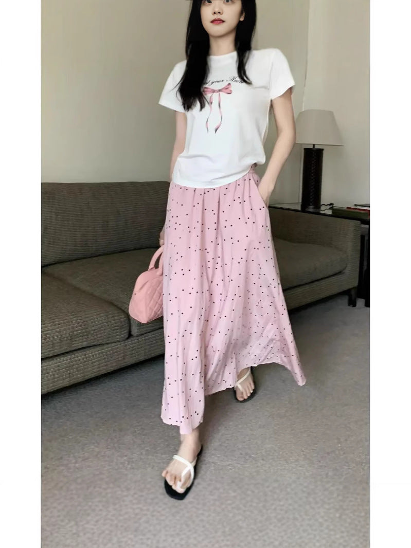 Fashionable Simple Wave Dot A- line Umbrella Dress Women's Summer New High Waist Slimming Sweet Elegant All-match Half-length Dress