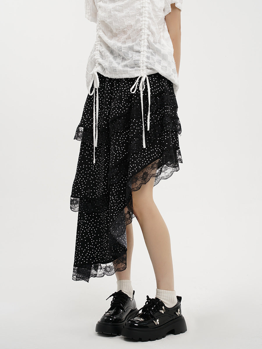 Yamamoto Summer French Style Irregular Wave Dot Skirt High Waist Lace Slant Hem Design Midi Dress