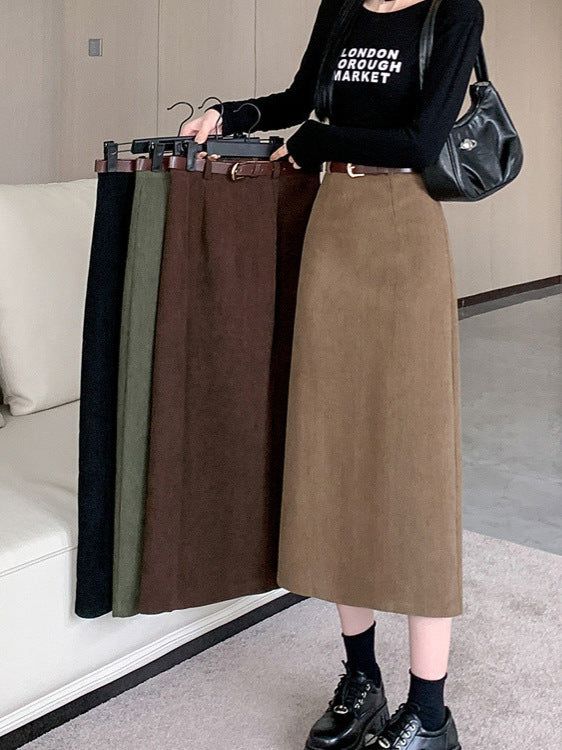 Corduroy Skirt Women's Spring, Autumn and Winter Elegant High Waist Slimming Look Slit Draped Mid-Length Straight A-Line Hip Skirt