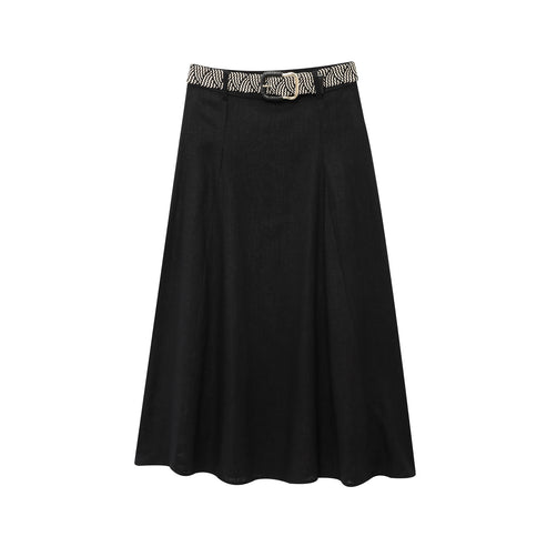 European and American Style Women's Clothing New European and American Fashion Belted Linen Blend Midi Skirt 0387065