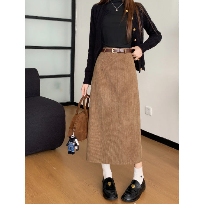 Corduroy Skirt Women's Spring, Autumn and Winter Elegant High Waist Slimming Look Slit Draped Mid-Length Straight A-Line Hip Skirt