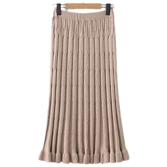 Half-length knitted skirt autumn and winter 200kg wool large size ruffled mid-length striped Joker slim knit A- line skirt