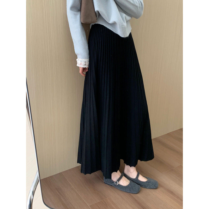 High-Waisted Slimming Mid-Length Thickened Pleated Knit Skirt for Women, Winter New Korean Style Casual A-Line Skirt