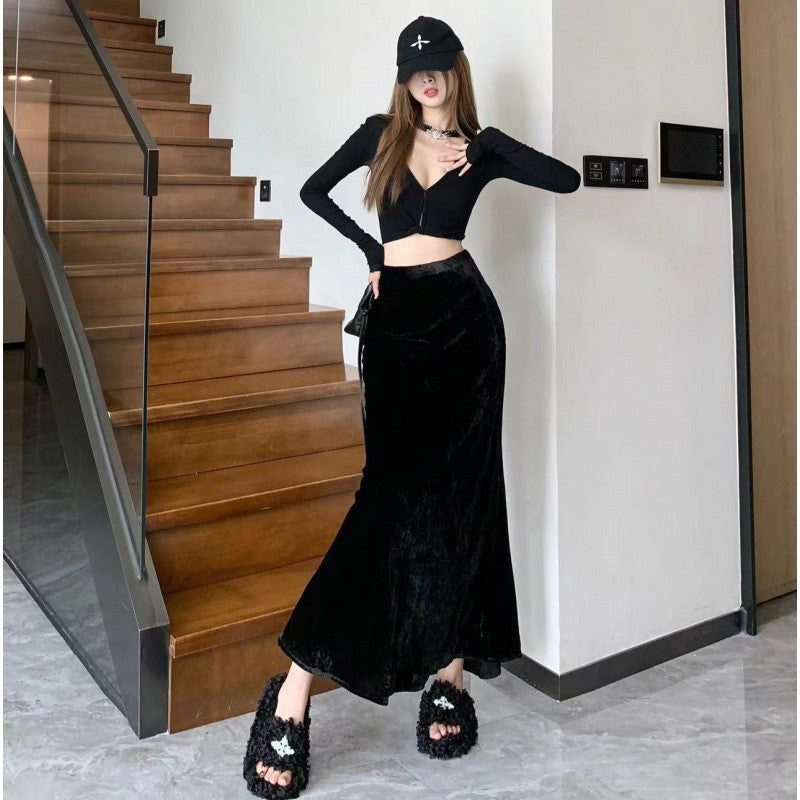 Japanese and Korean Trendyy Velvet Draped Fishtail Skirt Cross-Border Women's Autum New High-Waisted Skirt
