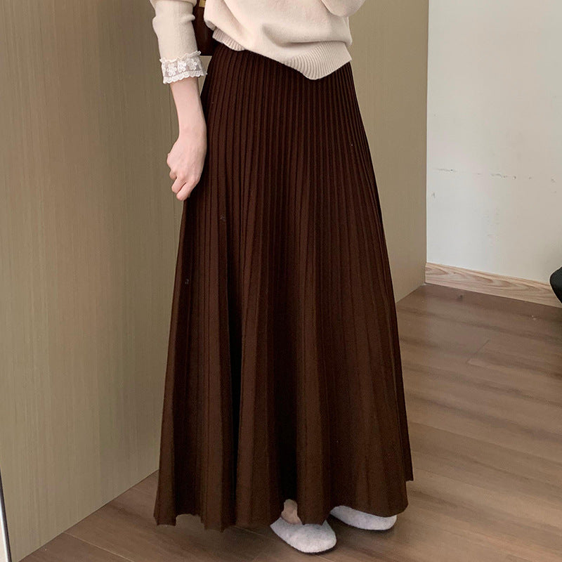 High-Waisted Slimming Mid-Length Thickened Pleated Knit Skirt for Women, Winter New Korean Style Casual A-Line Skirt