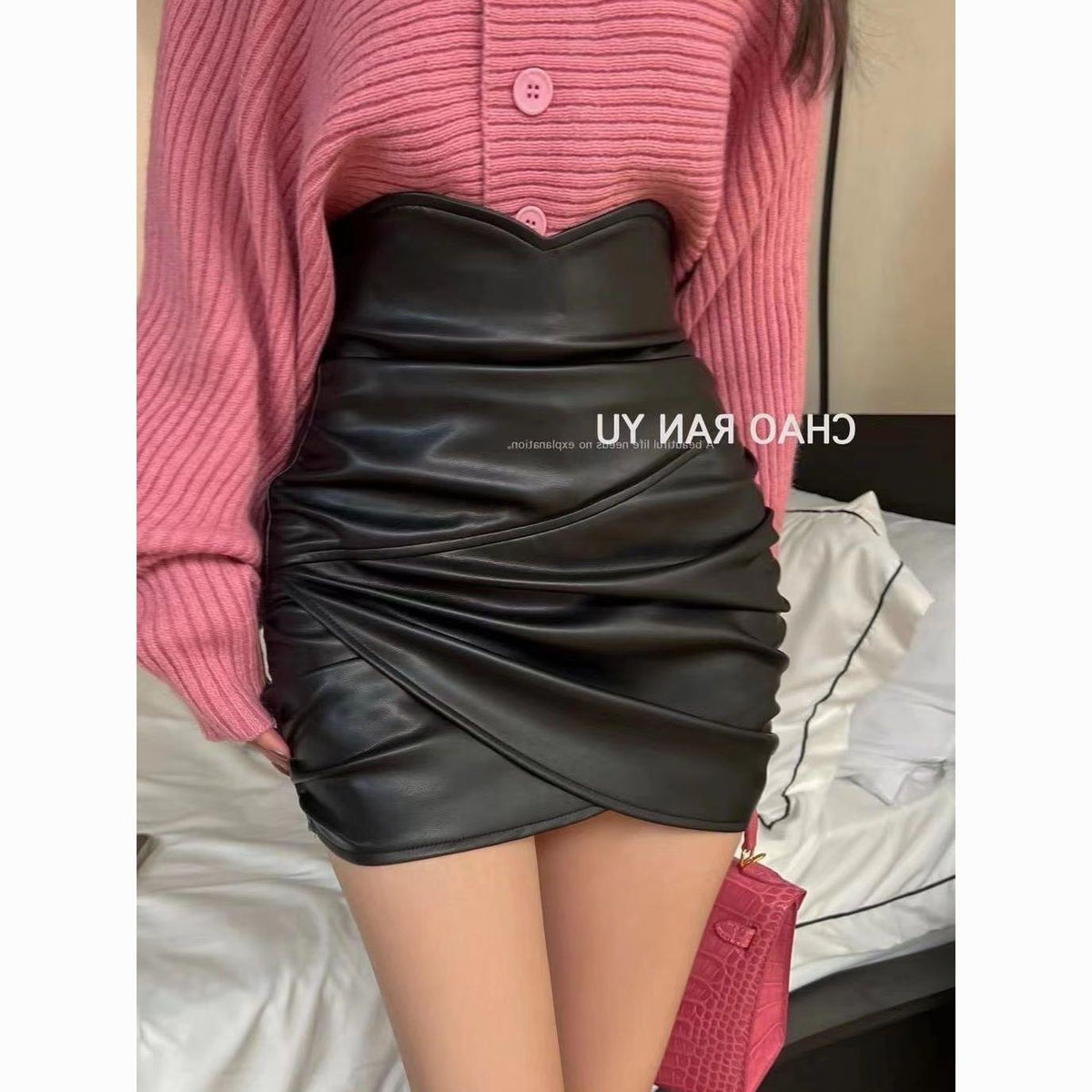 Short Leather Skirt Autumn and Winter New Sexy High Waist Pleated Asymmetrical Design Hip-covering A-line Skirt for Women ins