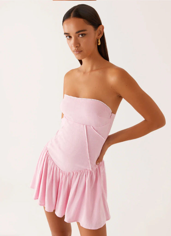 European and American New Amazon Hot Style Women's Pure Color Splicing Sexy and Playful Tube Top Backless Dress Short Skirt