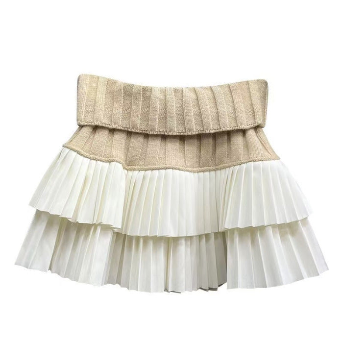 Designed Knitted Splicing Cake Skirt for Women Autumn and Winter New High-Waist Slimming Anti-Exposure Pleated Skirt