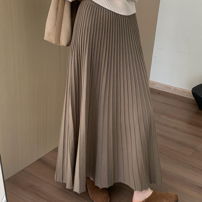 High-Waisted Slimming Mid-Length Thickened Pleated Knit Skirt for Women, Winter New Korean Style Casual A-Line Skirt