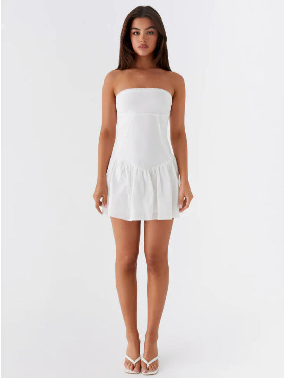 European and American New Amazon Hot Style Women's Pure Color Splicing Sexy and Playful Tube Top Backless Dress Short Skirt