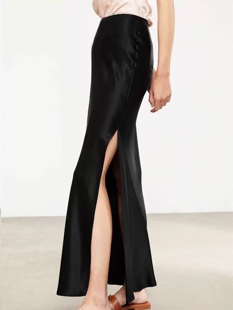Imported Triacetate Satin 45 ° Bias-Cut Side Slit Extra-Long Floor-Length A-Line Fishtail Elastic Waist Skirt for Women