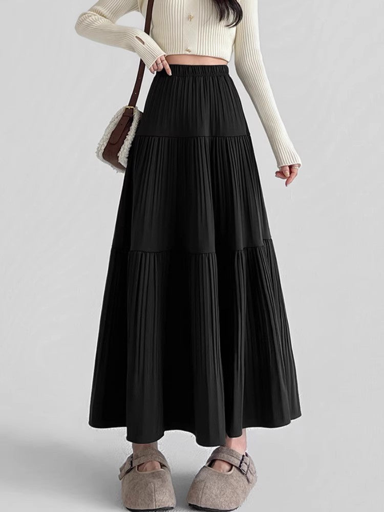 Women's Winter High-Waisted Slimming Mid-Length A-Line Skirt for Petite Figures, Elegant Drape, Pleated Skirt with Large Hem
