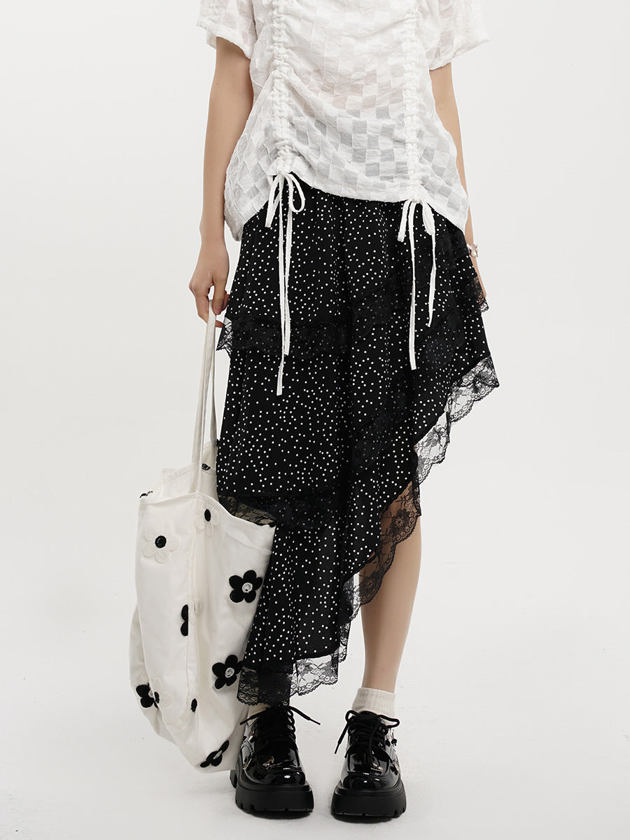 Yamamoto Summer French Style Irregular Wave Dot Skirt High Waist Lace Slant Hem Design Midi Dress