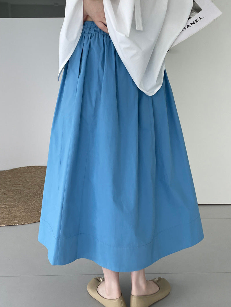 Taochuan Blue Skirt ~ High-End Elastic Waist Umbrella Skirt That Covers the Flesh and Makes You Look Slimmer, A-Line Midi Skirt for Women 2535 with a Large Skirt Hem
