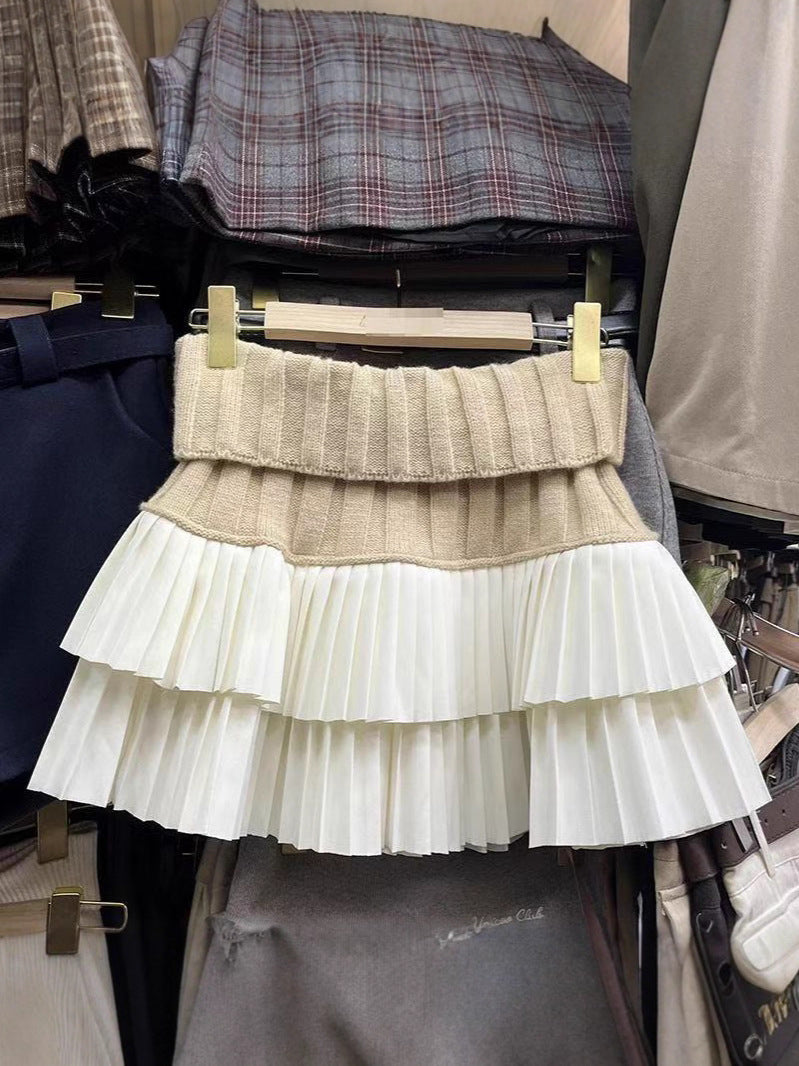 Designed Knitted Splicing Cake Skirt for Women Autumn and Winter New High-Waist Slimming Anti-Exposure Pleated Skirt