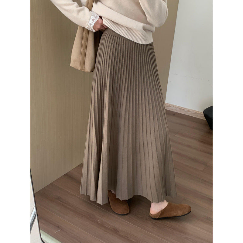 High-Waisted Slimming Mid-Length Thickened Pleated Knit Skirt for Women, Winter New Korean Style Casual A-Line Skirt