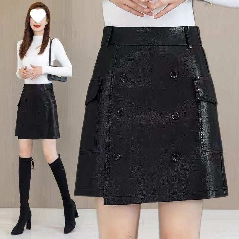 New Autumn and Winter Leather Skirt, Women's Buttoned High-Waist Slimming Look A-Line Skirt, Winter Sweater, Hip-Hugging Short Skirt