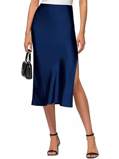 Cross-Border Amazon European and American Style Slit Satin Skirt Elastic High-Waisted Dress Slimming Fashionable Versatile