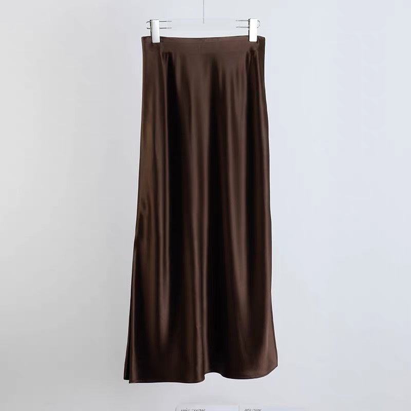 Imported Triacetate Satin 45 ° Bias-Cut Side Slit Extra-Long Floor-Length A-Line Fishtail Elastic Waist Skirt for Women
