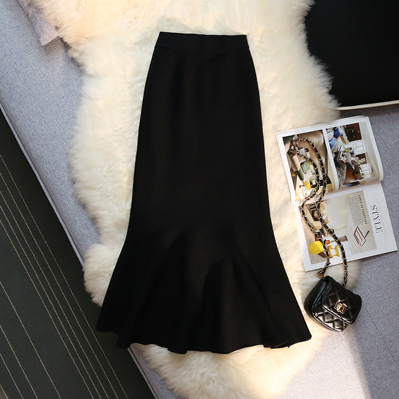 Long Knitted Fishtail Skirt Women's Autumn and Winter French Retro High Waist Sexy Wraped Hip Skirt Elegant Skirt