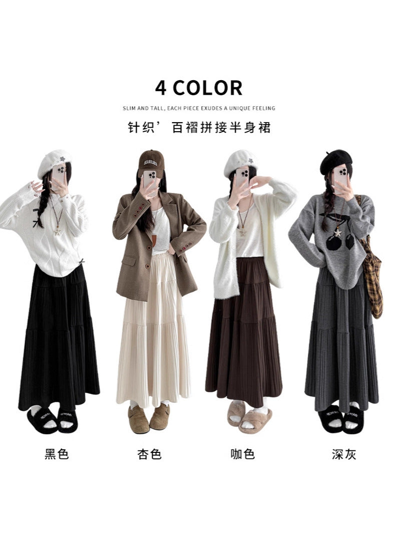 Women's Winter High-Waisted Slimming Mid-Length A-Line Skirt for Petite Figures, Elegant Drape, Pleated Skirt with Large Hem